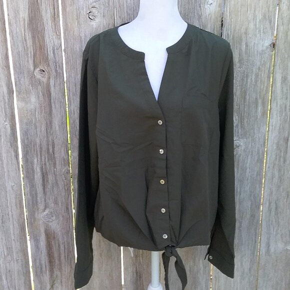 A New Day Womens Shirt Size XL Olive Green Long Sleeve Tie Front Button Down - Picture 7 of 7